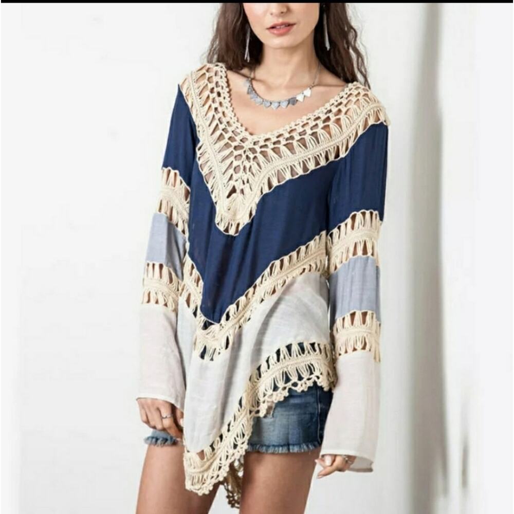Crochet trim colorblock cover up top blue one size